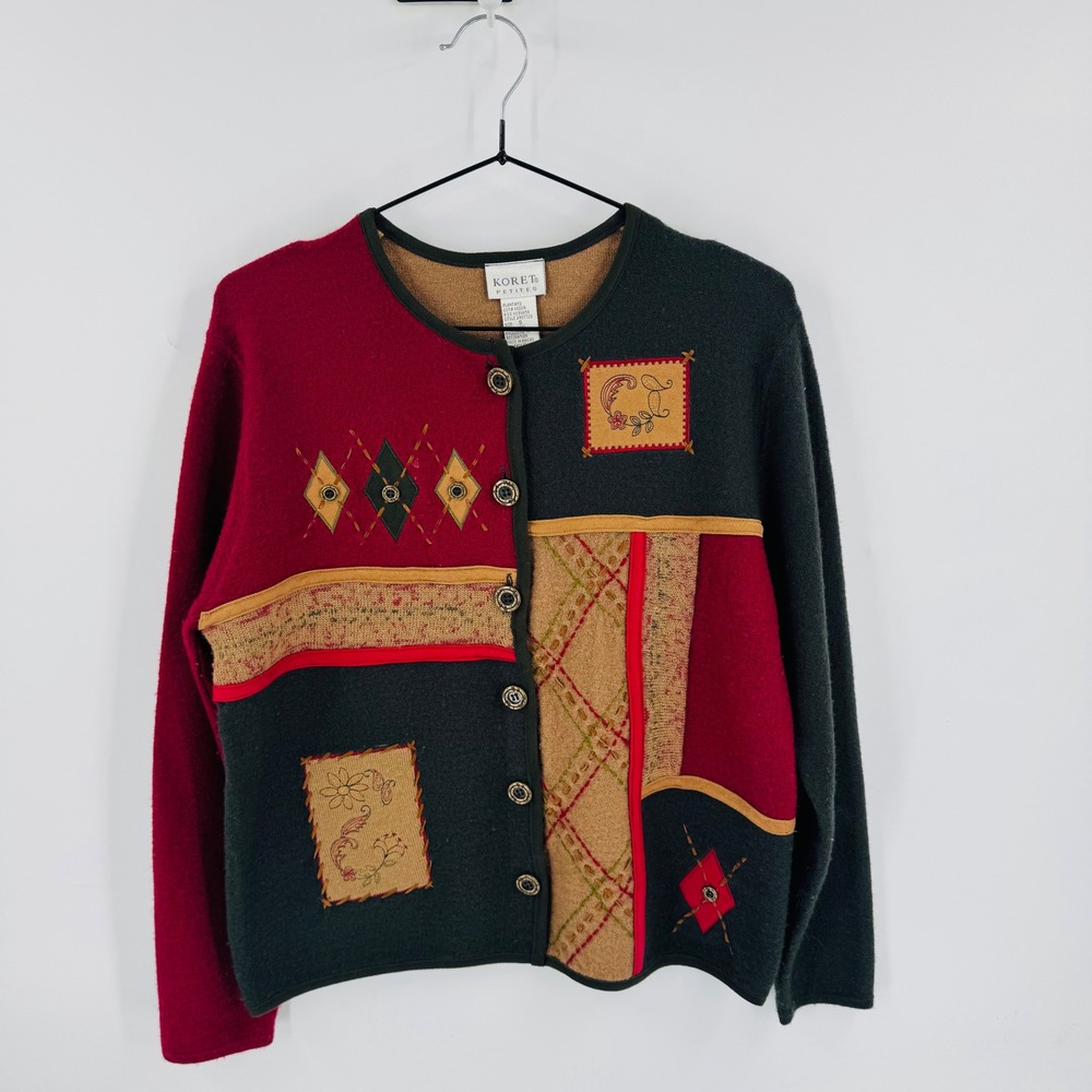 Vintage Koret 100% Wool Patchwork Embroidered Fall Cardigan Small Fall Colors